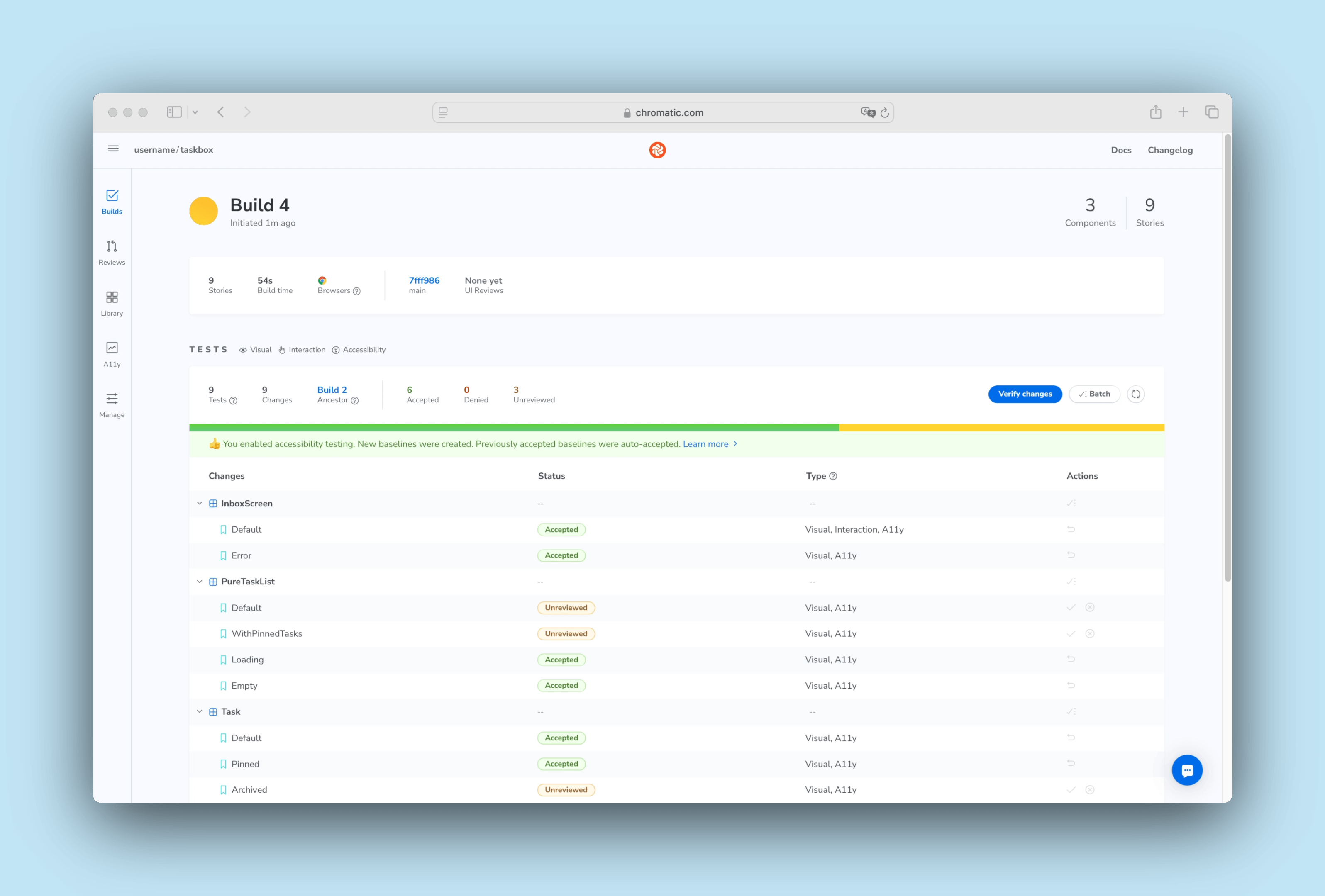 Chromatic build with accessibility tests